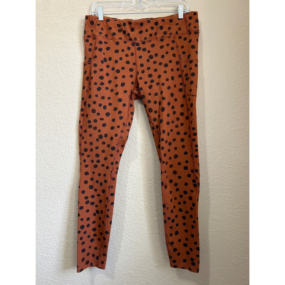Pact Organic Cotton Polka Dot Leggings Rust Orange Black Side Pockets XL Yoga